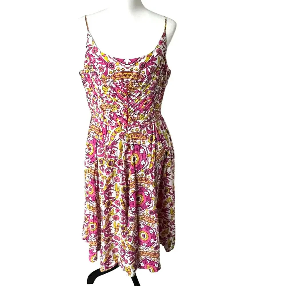TORY‎ BURCH Women's 12 Pink Yellow Floral Pleated Sun Dress Pockets Bright Fairy